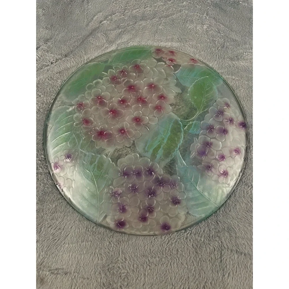 VTG 90s Glass Hydrangea Plate  Frosted Floral Embossed Charger Serving Platter